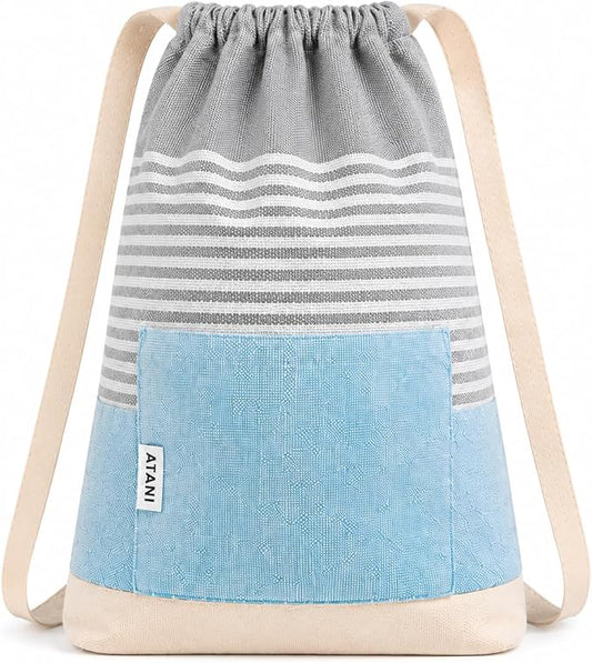 ATANI Turkish Beach Towel (71x39 Inches), Converts to a Bag, Oversized 100% Cotton Bath Towels Lightweight Quick-Dry Beach Blanket for Travel, Picnic, Camping, Yoga and Pool(Grey x Turquise)