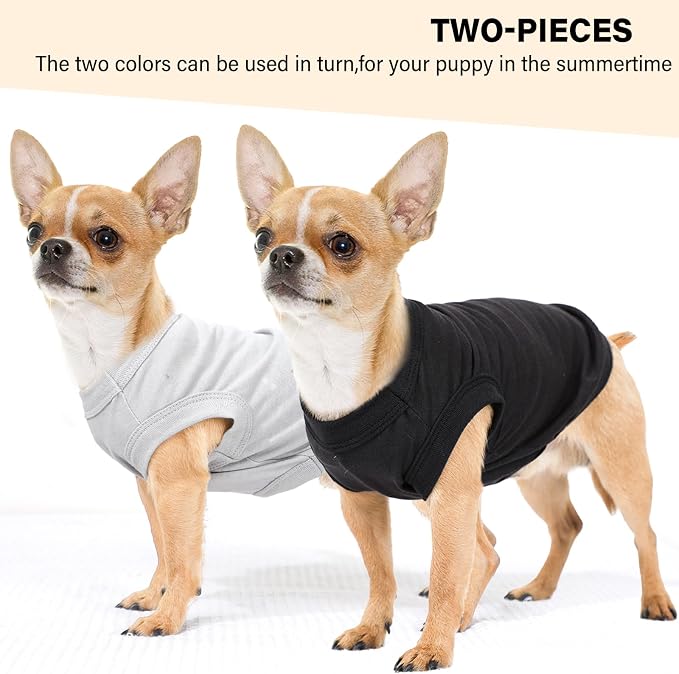 2-Pack Dog Shirts Summer Dog Clothes for Small Medium Dogs Boy, Teacup, Chihuahua, Yorkie, Pug and Cats, Solid Color Pet Tshirts Puppy Clothes, XS, Black+ Grey