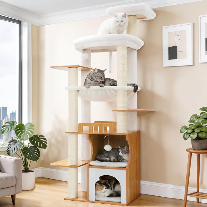 Modern Cat Tree Tower, 2-Layer Condo & Perch, Big Hammock 102WB | 70.9''Wooden Cat Tower House Large Platform with Safe Guardrail for Indoor Cats Adult, All Sisal Scratching Post, Walnut