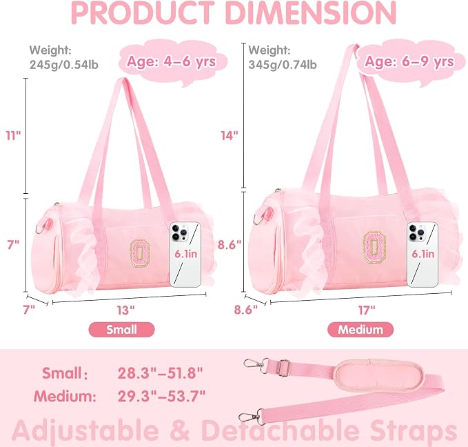 Personalized Initial Dance Bag for Girls 6-9, Medium Lace Gym Sport Yoga Cheer Dance Bags Gift for Teen Girls, Cute Letter Kids Ballet Bag Toddler Travel Duffel Tote with Adjustable Straps(Pink-O)