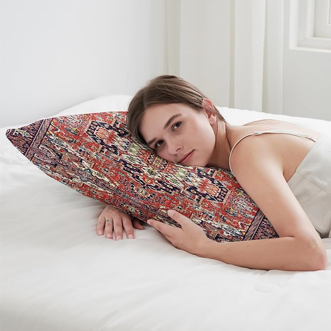 Boho Throw Pillow Covers 12x20 inch Set of 2,Soft Pillowcases Bohemia Carpet Printing Pattern Decorative Sofa Living Room Bed Rectangle Pillow Case Cushion Cover-Red