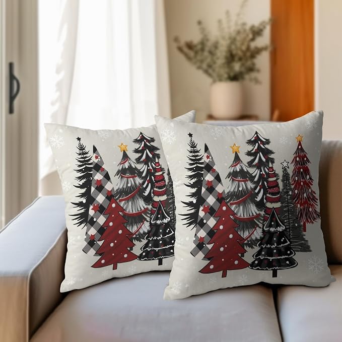 Kawani Buffalo Plaid Trees Pillow Covers 20x20 Set of 2 Red Black Christmas Tree Winter Holiday Decor Throw Cushion Case Cotton Linen for Home Sofa Bedroom Livingroom Decor