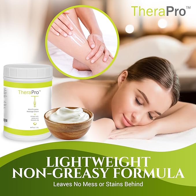 Multi-Purpose Massage Cream by TheraPro - 1/2 Gallon - Hypoallergenic, Unscented Cream - Massaging Cream Infused with Jojoba, Avocado Oil, Sweet Almond Oil - Non-Greasy & Unscented Massage Cream