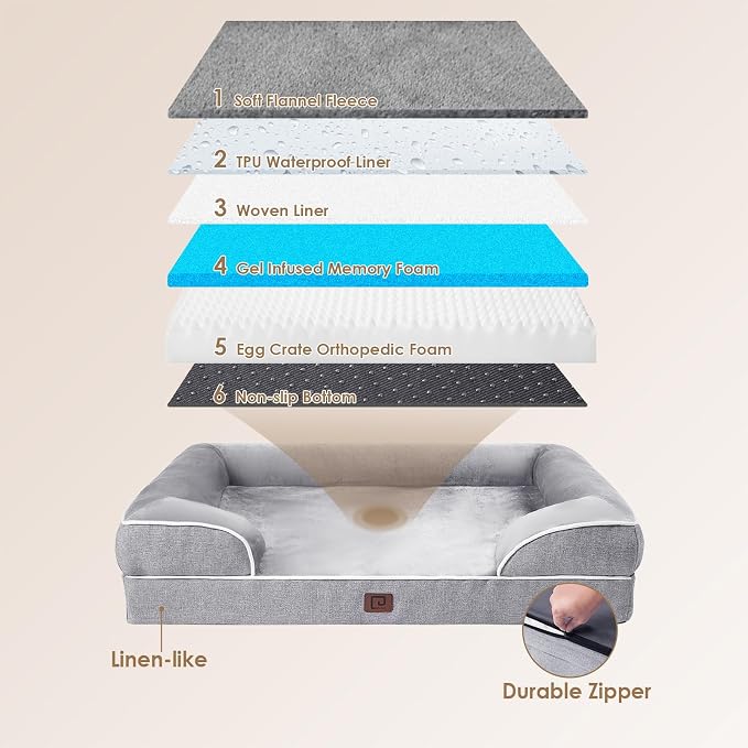EHEYCIGA Orthopedic XXL Dog Bed, Waterproof Washable XL Big Pet Bed 52" | Non-Slip Bottom and Egg-Crate Memory Foam Extra Large Pet Couch Bed with Washable Removable Cover, Grey