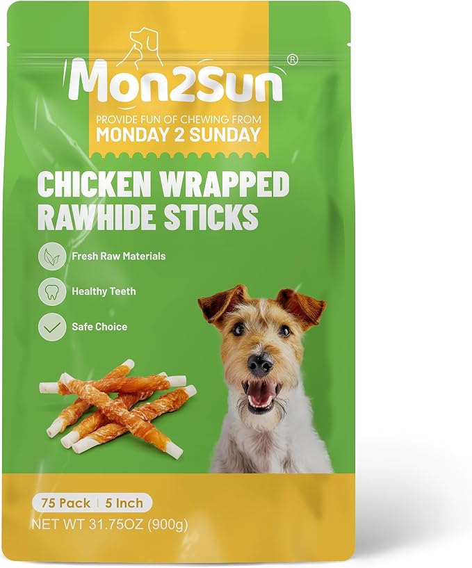 MON2SUN Dog Treats, 5 Inch Chicken Wrapped Rawhide Sticks, 31.75 oz | Long-lasting Chew Engagement, Dental-friendly Chewing Support, Sized for Puppies and Small Dogs