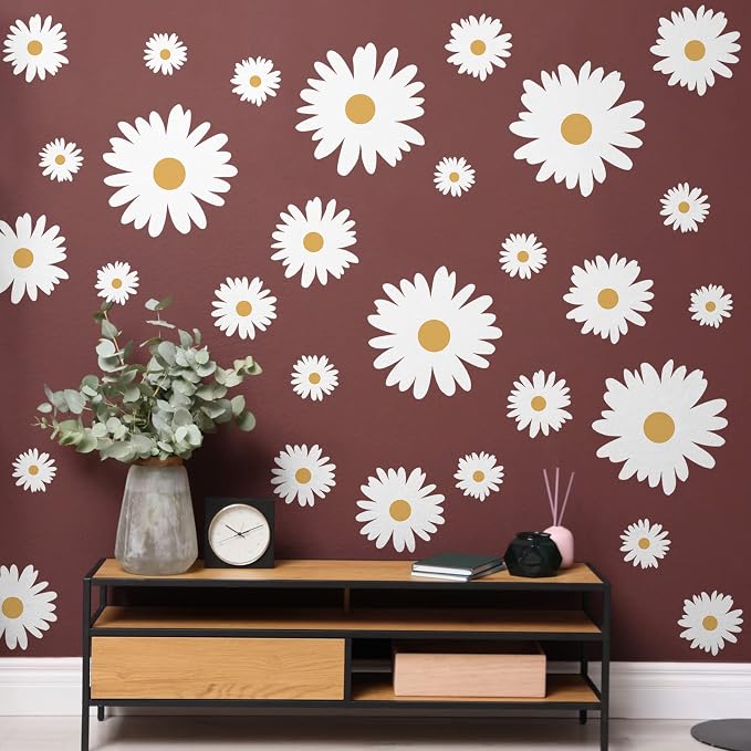 TaoBary 12 Sheet Daisy Wall Sticker Decal,White, Yellow,Multi Petal Style | Big Flower Wall Sticker, Pink White Floral Decal, Daisy Bedroom Room Decor, Removable Peel and Stick, Nursery Home Wall Decor