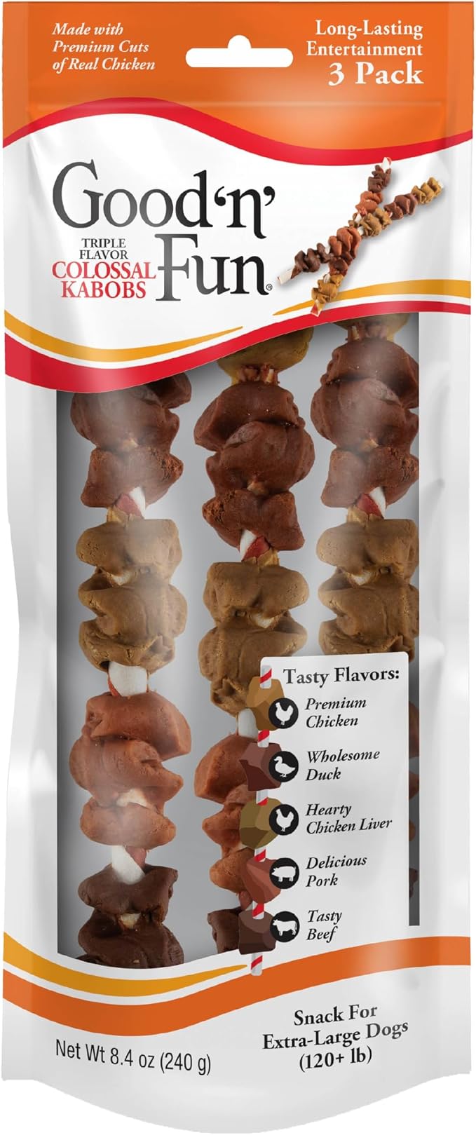 GOOD 'N' FUN Colossal Kabobs Long-Lasting Dog Treat for XL Dogs, 3 Count | Extra-Large Dogs 120+ lbs, Premium Chicken and Beef Hide Chew, Supports Dental Health and Mental Stimulation, For Adult Dogs