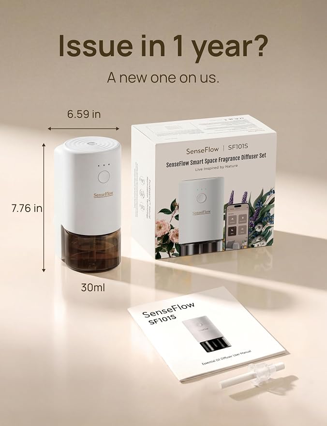 Essential Oil Diffuser for Home, Smart Waterless Aromatherapy Diffuser SF101S Pro, Plug in Room Scent with Timer & 120-Day Natural Aroma – Free 30ml Neroli(Golden Yellow)