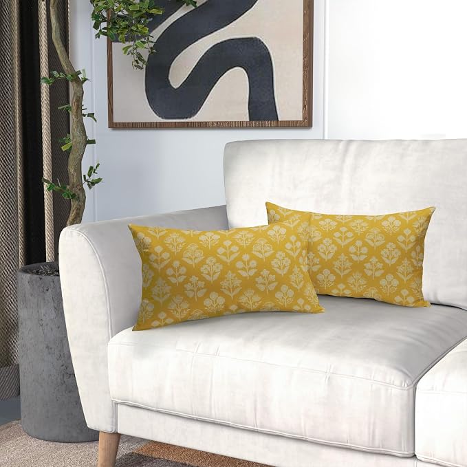 Yellow Pillow Covers 12x20 Inch Set of 2, Cream Floral Block Print Pattern Lumbar Decorative Throw Pillowcases Outdoor Farmhouse Rectangle Cushion Covers Spring Summer Sofa Couch Bed Decor