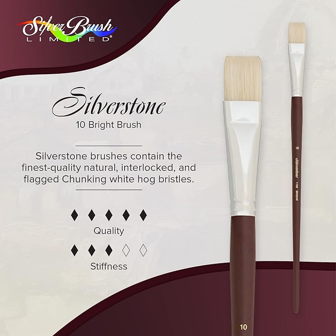Silver Brush Limited 1102, Silverstone Bright Brush, Oil Paintbrush, Size 10, Long Handle