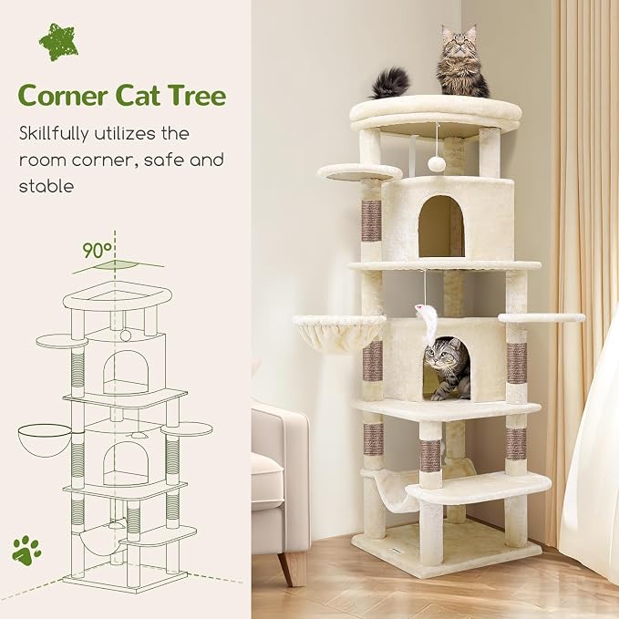 Globlazer 66inch Corner Cat Tree Tower for Indoor Large Cats, C66, Beige | Space-Saving Stable Adult Cat Tower with 6 Scratching Posts, 2 Large Fan-shaped Condos & Top Perch, Hammock, Climbing Steps