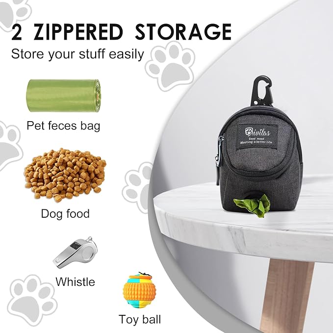 FuninCrea Dog Treat Pouch Bag, Black, 4.7 x 3.1 x 3.1 inches (12 x 8 x 8 cm), Oxford Cloth, Dog Training Treat Pouch with Built-in Poop Bag Dispenser, Practical Classic