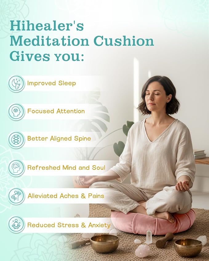 Hihealer Premium Crescent Meditation Cushion, Ergonomic Buckwheat Hull Floor Pillow for Adults, Comfortable Yoga Bolster for Meditation & Floor Sitting (Pink)
