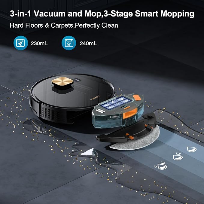 Robot Vacuum and Mop, 11500 Pa Suction, 3-in-1 Robotic Vacuum with Smart LiDAR Navigation, 90 Day Self-Emptying,160 Min Runtime,App/Alexa/Voice Control, Ideal for Pet Hair, Carpet & Hard Floor