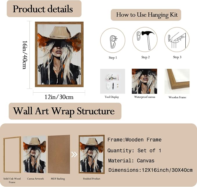 Western Cowgirl Wall Art Modern Cowboy Wall Decor Painting, Southwestern Country Canvas Prints Aesthetics for Living Room Bedroom Home Decoration 12x16 inch Wood Framed