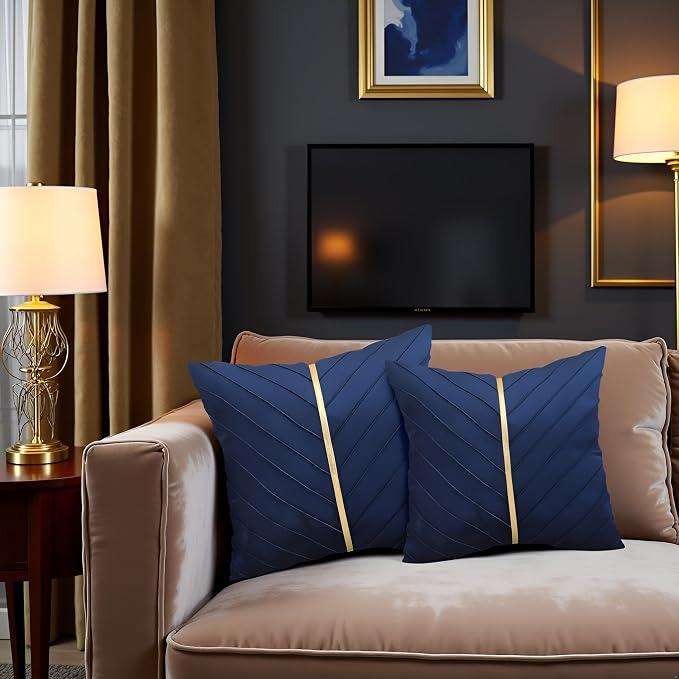Velvet Throw Pillow Covers 26x26 Pack of 2 Gold Decor Navy Blue | Soft Solid Pillow Covers,Modern Luxury Home Decor,for Couch Chair Sofa Bedroom Livingroom,Hidden Zipper,Ideal Gift,Easy Care