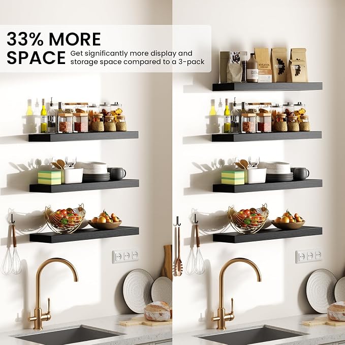 BAYKA Black Floating Shelves 15.7in, Set of 4, Wall Mount Rustic Wood Shelf | Easy Install, 22lbs Max Load, Hidden Bracket, Hanging Shelf for Books/Storage/Room Decor, Multi-Wall Compatible