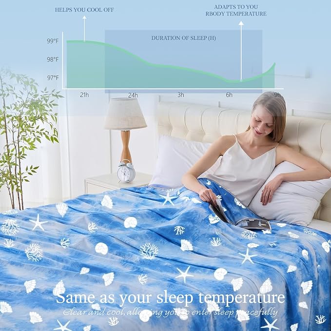 Cooling Blanket King Size (90"x108"), Double Sided Ice Cold Blanket for Hot Sleepers, Transfer Heat to Keep Cool, Soft Lightweight for Night Sweats, Bed & Couch, Ocean Design