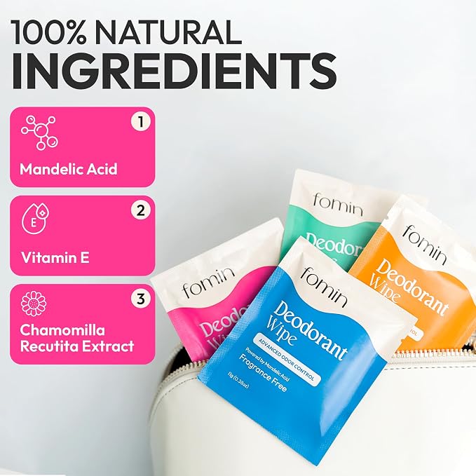 FOMIN Acidified Travel Deodorant Wipes For Women & Men - 50 Count - Patchouli Blossom - pH Balanced, Mini Deodorant Travel Size Wipe - Plastic-Free, Individually Wrapped Underarm Body Wipes