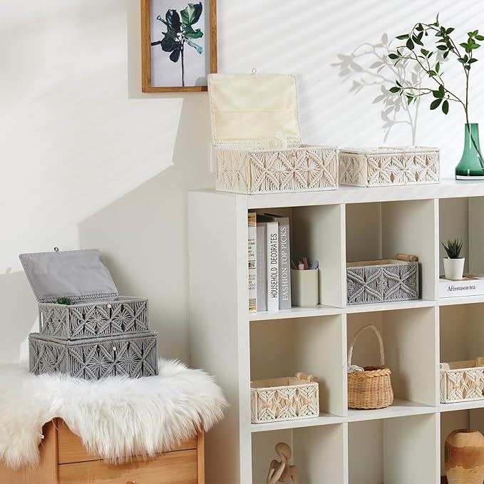 Decorative Boho Storage Baskets with Lid Natural Macrame Boxes | Handmade Cotton Rope Woven Bins, Shelf Desk Organizer Container for Jewelry Memory Keepsake Photo Makeup, Off White, Small