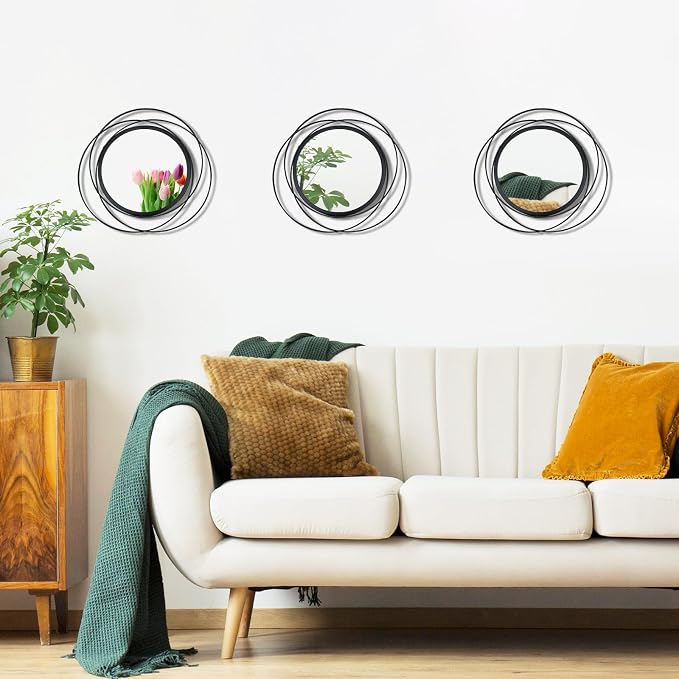 3 Set Round Mirrors for Wall Decor Living Room Bedroom Bathroom Dining Room Metal Circle Mirror Set Boho Decorative Sunburst Wall Art Accent Entryway - Black 9.5 in