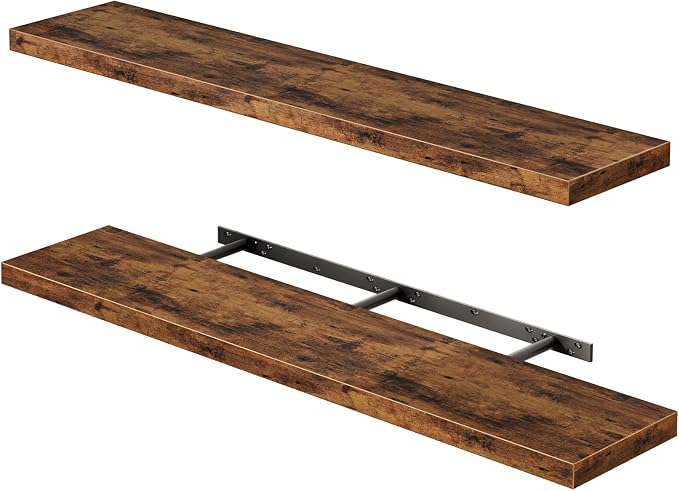 Fixwal Floating Wall Shelves for Decor (Rustic Brown, Set of 2, 47.2Inch) | MDF Shelf with Metal Brackets, Space Saving for Books , Decor, Fits Bathroom, Kitchen, Bedroom, or Office