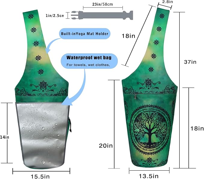 Yoga Mat Bag - Large Opening Long Tote Yoga Mat Carrier Holder Bag with Waterproof Wet Zipper Pocket and Drawstring Water Bottle Pocket - Yoga Bag Fit Most Size Mats