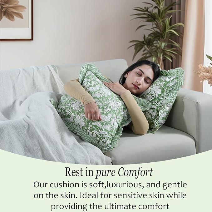 CPC Olive Green Ruffle Throw Pillow Covers for Couch, 24x24 Inch Cotton Stripe Ruffle Couch Pillows for Living Room, Hidden 20 Inch Zipper Boho Pillow Case or Cute Outdoor Pillows