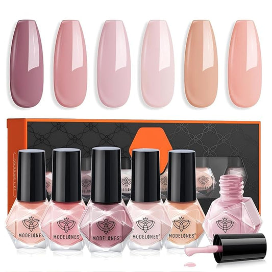 modelones Valentines Nail Polish Set 6 Colors Neutral Nude Pink Fall Winter Quick Dry Mini Finger Bulk Manicure Kit Diy Nail Art Home Salon Gifts For Women Girls