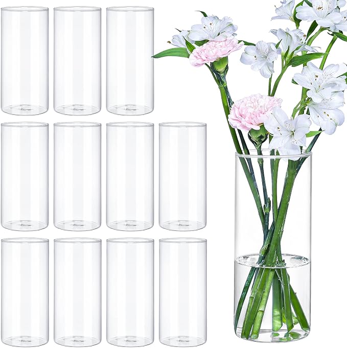 12pcs 8 Inch Clear Glass Cylinder Vases for Centerpieces | Tall Flower Vases for Wedding & Home Decor, Hurricane Floating Candle Holders for Table & Shelf