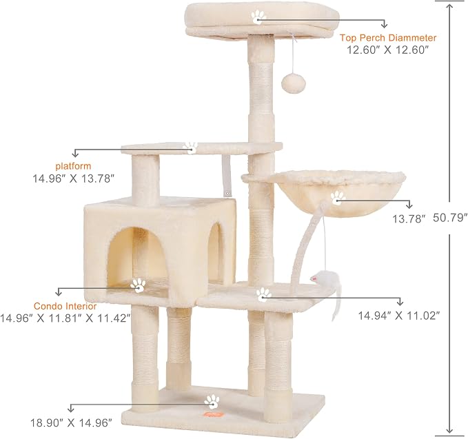 Heybly Cat Tree with Toy, 43.3 inch Cat Tower for Indoor Cats HCT004M | Cat Condo with Durable Sisal Scratching Posts, Cat House with Padded Plush Perch, Cozy Hammock, Beige