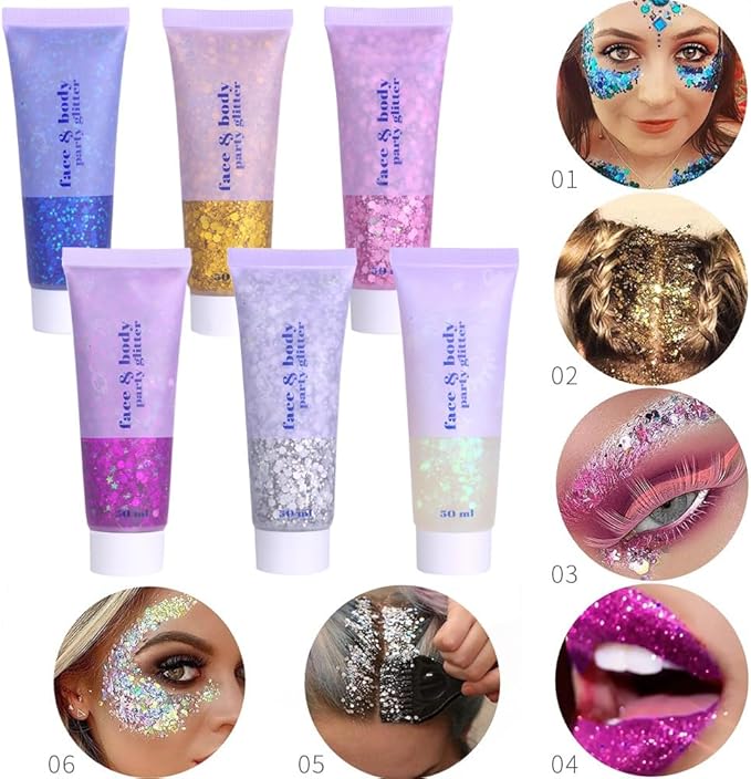 Silver Hair Glitter,Sparkling Neon Outfit Party Holographic Sequins Paint Body Glitter Gel Makeup.(05# Silver)