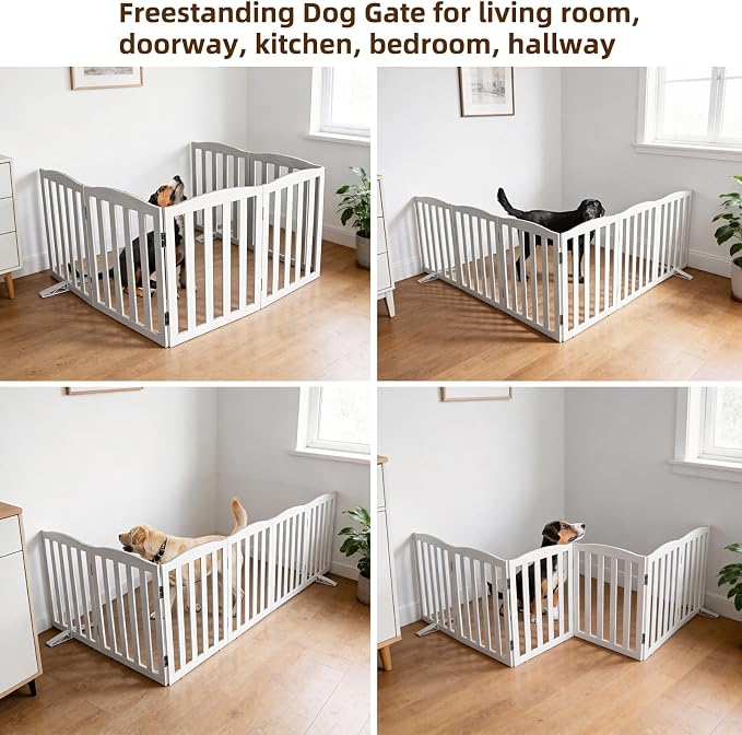 ZJSF Foldable Freestanding Indoor Dog Gate for House Wood White Long Pet Gates Dog Fence for Stairs Puppy Gates for Hallways,Pet Fence, Puppy Gate,Support Feet Included 24 "Height-6 Panels