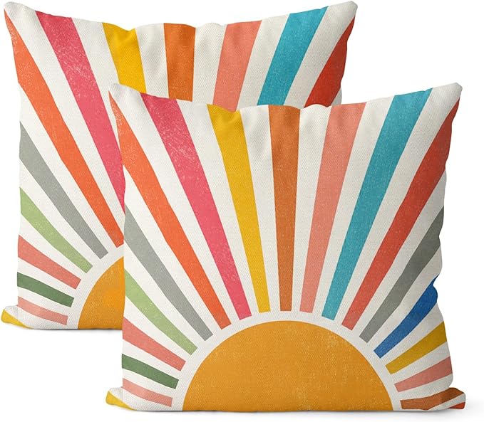 Summer Pillow Covers 16x16 Set of 2 Colorful Stripes Yellow Sunshine Throw Pillows Outdoor Boho Rainbow Sun Decorative Pillow Cases Linen Modern Farmhouse Cushion Case for Home Bedroom Decor