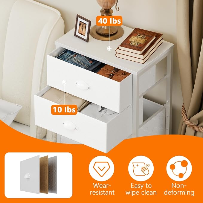 White Tall Dresser for Bedroom, Chest of Drawer with Fabric Drawer | Tall Skinny Dresser with 7 Drawers, Metal Frame, Wooden Top, Dorm Vertical Closet, Bedside Furniture in Living Room