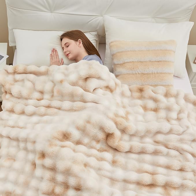 Anysay Faux Fur Throw Blanket, 1000GSM Fluffy Soft Bubble Blanket 60''*80'' | Cozy Plush Warm and Thick Blanket for Couch Bed, Fuzzy Rabbit Throw for Living Room Bedroom Camel
