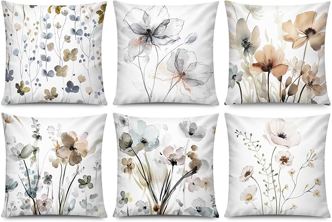 Watercolor Throw Pillow Covers 18x18 Set of 6, Botanical Floral Home Decor | Artistic floral, Standard Throw Pillow Size, Breathable Linen, Neutral flower, Couch Sofa Living Room, spring summer decor