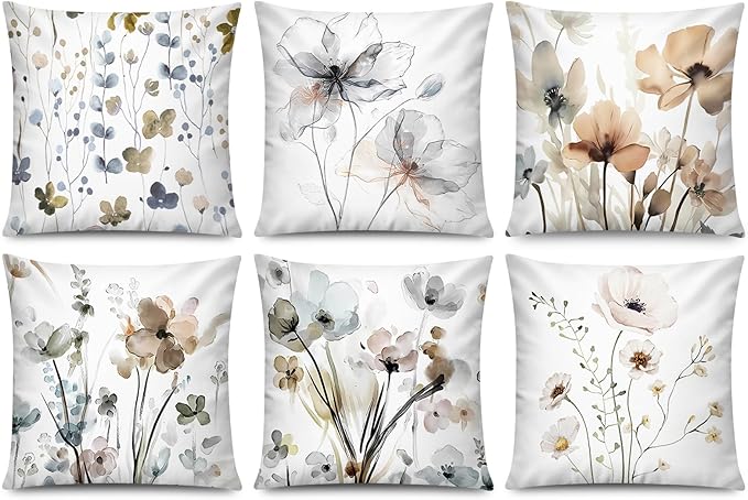 COMMINY Brown Grey Flower Pillow Covers 16x16 Set 6 Watercolor Style | watercolor flower, decorative cushion cover, Breathable Linen, Bedroom Accent pillow chair small Sofa, spring summer Decor