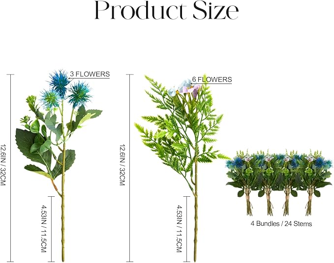 RM ROOMERS Artificial Flowers Plants for Outdoors, Fake Flowers Blue | Sea Holly UV Resistant Faux Flower for Garden Porch Windowbox Front Door Yard, No Fade Home Vase Decor (4 Bundles/24 stems)