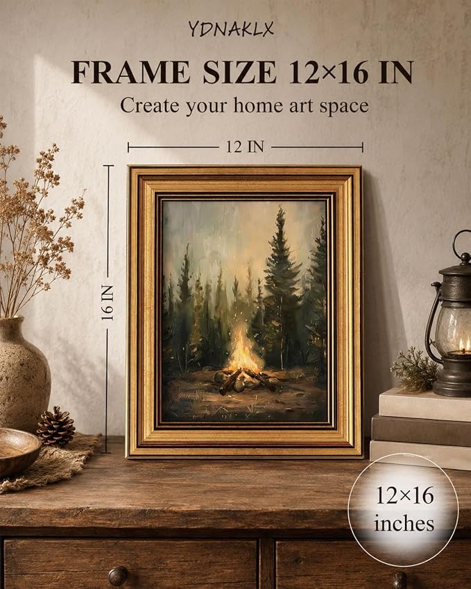 Gold Framed Wall Art, Rustic Campfire Canvas Prints, Vintage Forest Camping Cabin Picture Wall Decor, Dark Academia Woodland Nature Landscape Artwork for Living Room Bedroom 12x16 inch
