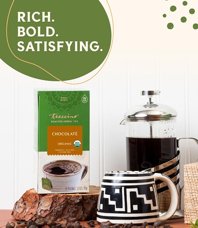 Teeccino Mexican Chocolate Herbal Tea - Rich & Roasted Herbal Tea That’s Caffeine Free & Prebiotic for Natural Energy, 25 Tea Bags