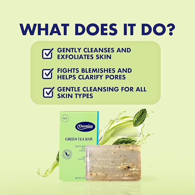 Dermisa Green Tea Bar with Manuka Honey and Ginseng, Gently Exfoliating Antioxidant Soap for Acne-Prone Skin and Daily Cleansing, 3.0 Oz, Pack of 3