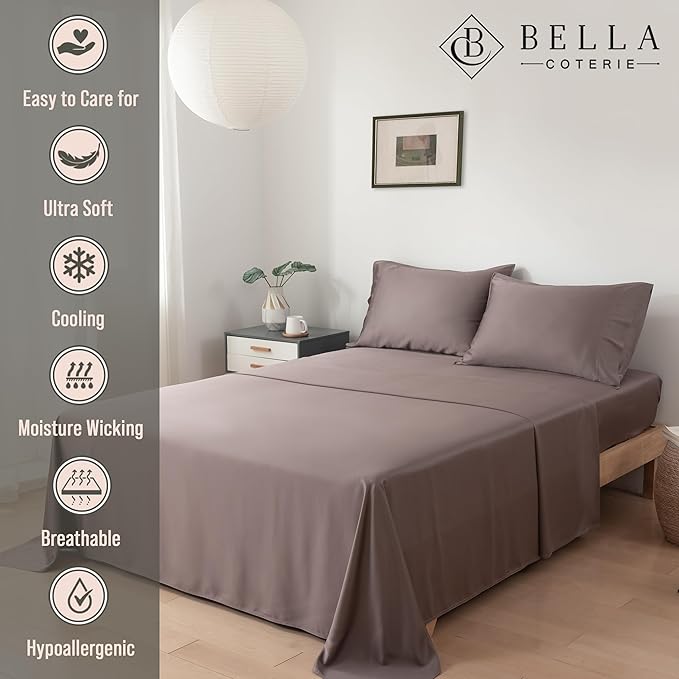Bella Coterie Luxury Bamboo Viscose Queen Size Sheet Set | 100% Organically Grown | Ultra Soft | Cooling for Hot Sleepers | 18" Deep Pocket [Mocha]