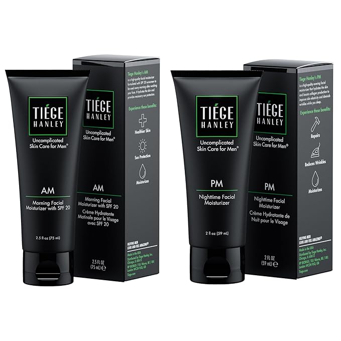 Tiege Hanley Mens Face Moisturizers, Morning Daytime Facial Moisturizer with SPF 20 (2.5 oz) and Night Time Facial Moisturizer - Anti-Aging Night Time Wrinkle Cream for Men with Sensitive Skin (2 oz)