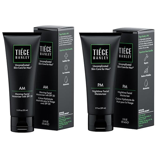 Tiege Hanley Mens Face Moisturizers, Morning Daytime Facial Moisturizer with SPF 20 (2.5 oz) and Night Time Facial Moisturizer - Anti-Aging Night Time Wrinkle Cream for Men with Sensitive Skin (2 oz)