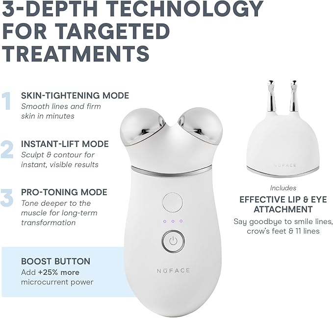 NuFACE Trinity+ Microcurrent Facial Device + Effective Lip & Eye Attachment - FDA Cleared Skin Tightening & Face Toning Device for Targeted Treatment + Microcurrent Gel Activator, Silk Crème & Brush