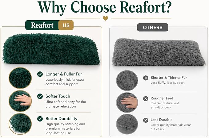 REAFORT PV Faux Fur Body Pillow Cover 21"x54", Hidden Zipper (Evergreen) | Ultra-soft long hair faux fur with a hidden zipper offers luxurious comfort and is machine washable for easy care.