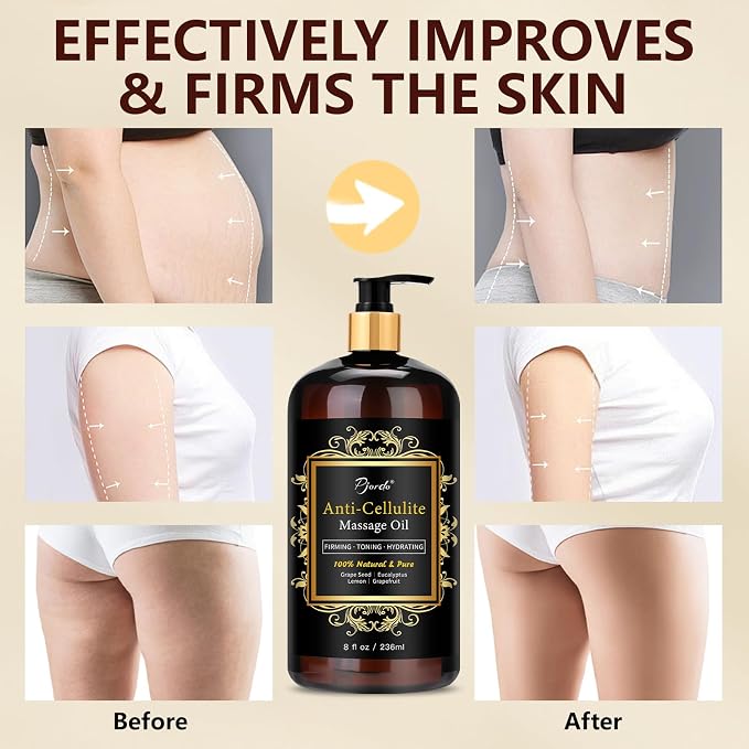 Pjordo Anti Cellulite Massage Oil for Massage Therapy, 100% Natural & Pure Body Firming Oil for Reducing Cellulite, Firming & Moisturizing Skin, Fast Absorbing, Cellulite Remover for Leg & All Body