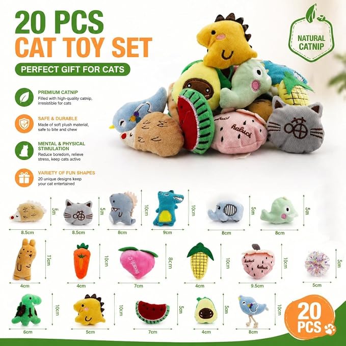 Cat Toys, Interactive Cat Toy for Indoor Cats, Soft and Durable Crinkle Sound Catnip Toys, Catnip Filled Mouse Cat Teething Chew Toy (Pack of 20)