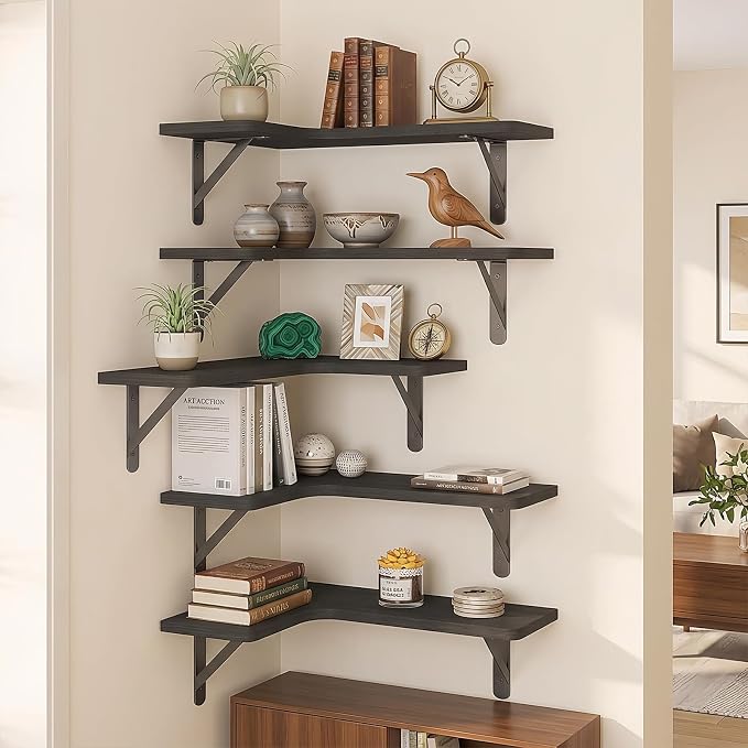 Fixwal Conner Shelves Wall Mounted for Decor, Black Set of 5 | Solid wood shelf with metal brackets, holds 40 lbs. Optimizes corner storage. Fits bathroom, kitchen, bedroom & living room.
